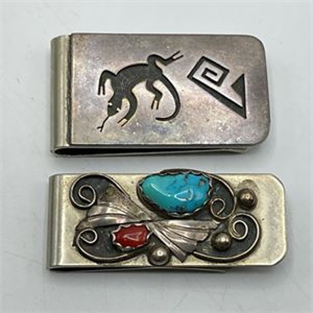 2 Navajo Sterling Silver Over Metal Money Clip Kokopelli Design Turquoise Coral